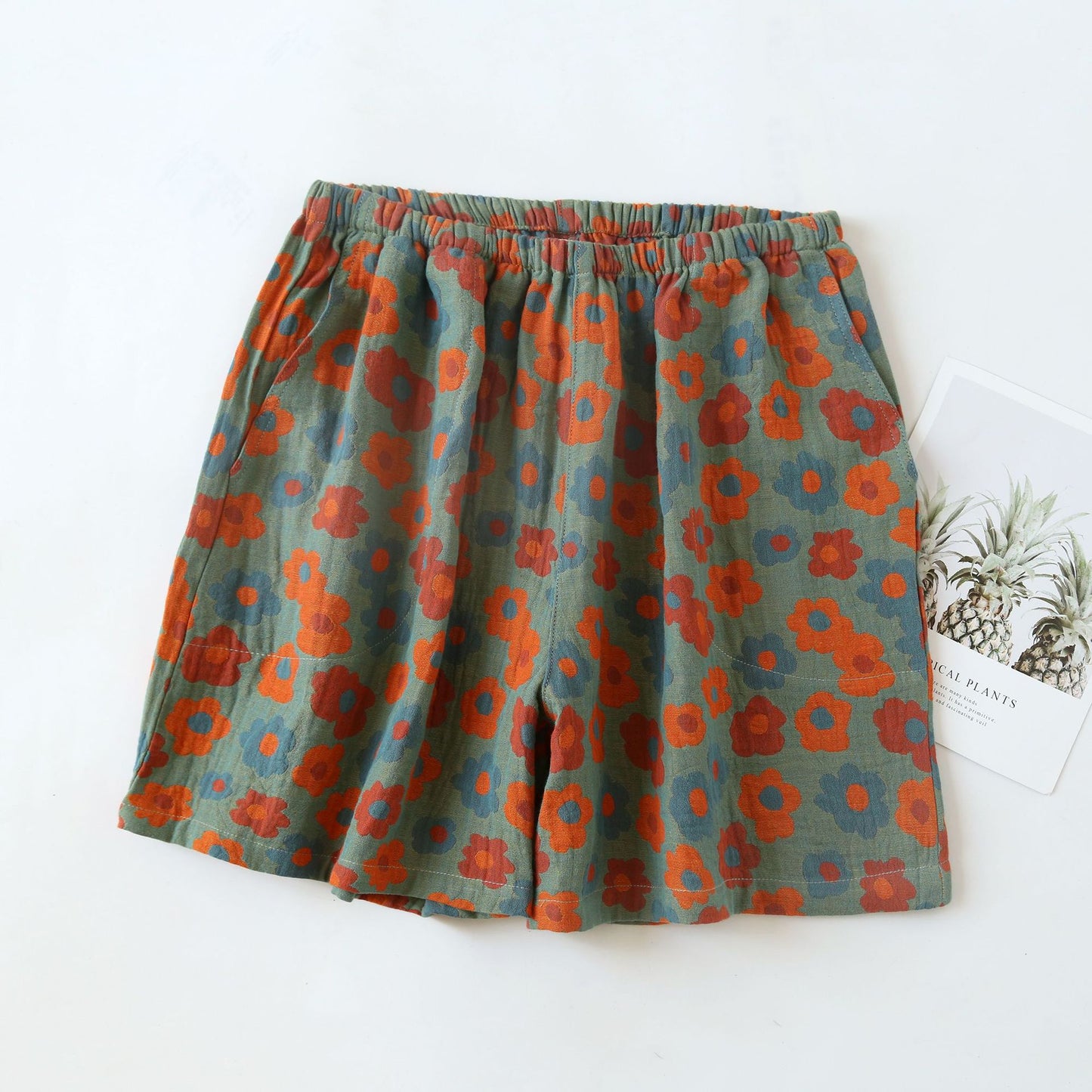 Pantaloncini da pigiama morbidi in garza di cotone floreale
