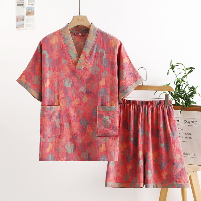 Completo da notte in garza di cotone con scollo a V in stile rurale - Rosa - XL - image 2