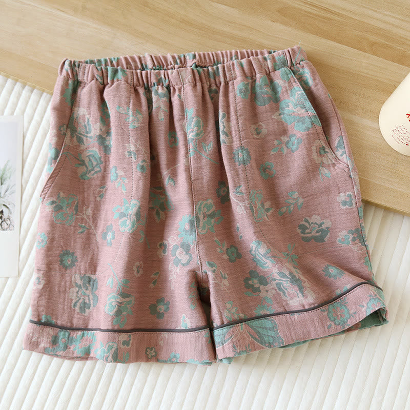 Pantaloncini da pigiama estivi in garza di cotone con stampa floreale jacquard