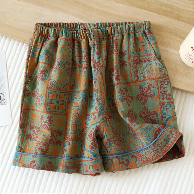 Pantaloncini da pigiama estivi in garza di cotone in stile retrò