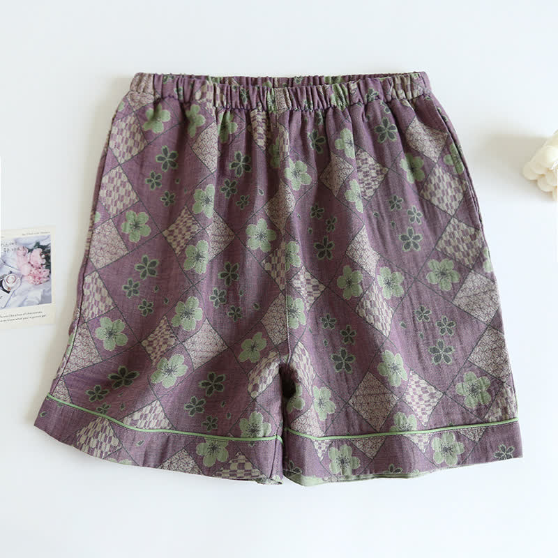 Pantaloncini da pigiama in puro cotone a scacchi e a fiori