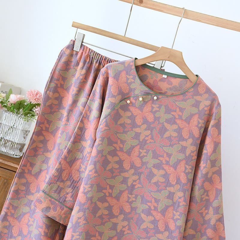 Pigiama in garza di cotone con farfalle jacquard