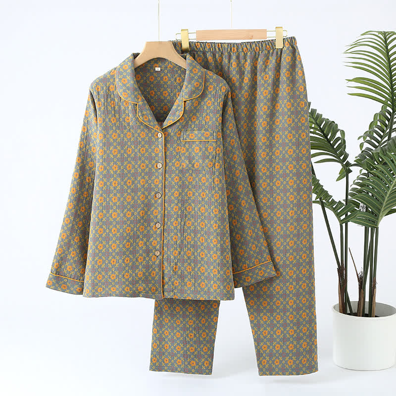 Completo da notte in cardigan di garza di cotone vintage - Grigio e giallo - XL - image 0