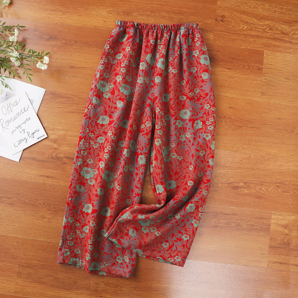 Pantaloni del pigiama in garza di cotone con motivo floreale retrò jacquard