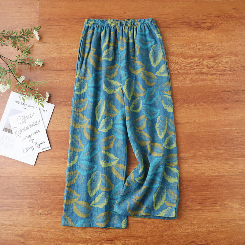 Pantaloni da pigiama in garza di cotone jacquard con motivo a foglie vintage