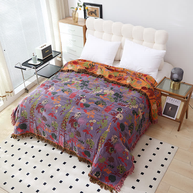 Coperta da divano in garza di cotone con nappe floreali vintage