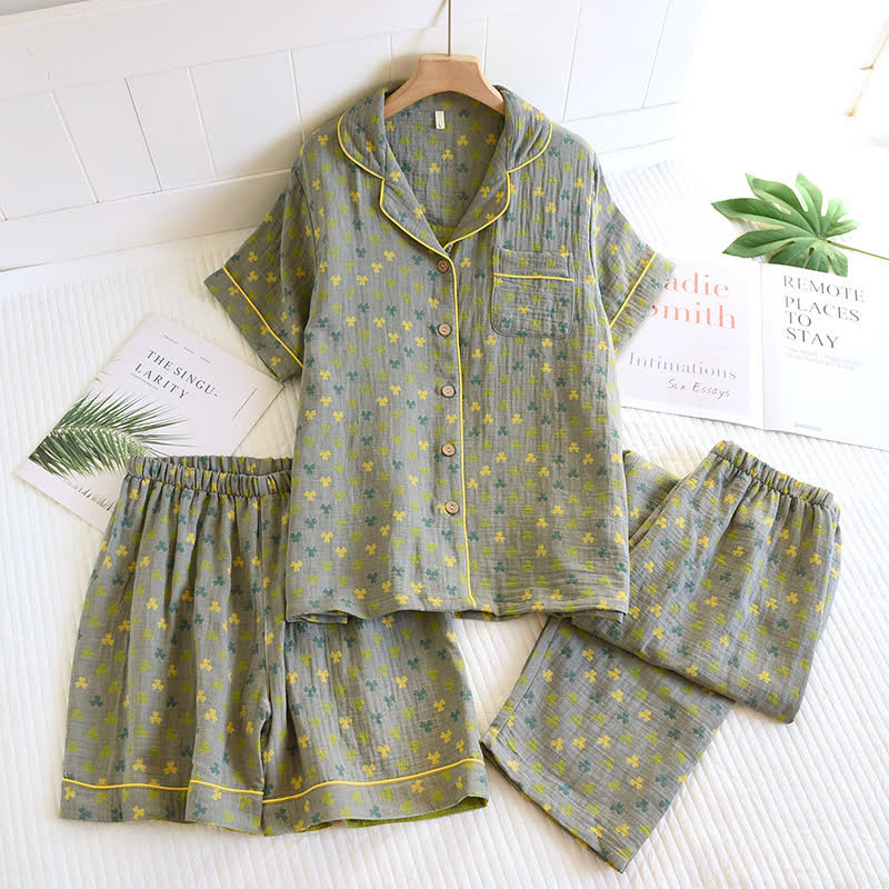 Pigiama in cotone jacquard con risvolto a trifoglio (3 pezzi)