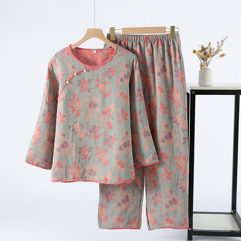 Pigiama in jacquard tinto in filo con scollo rotondo