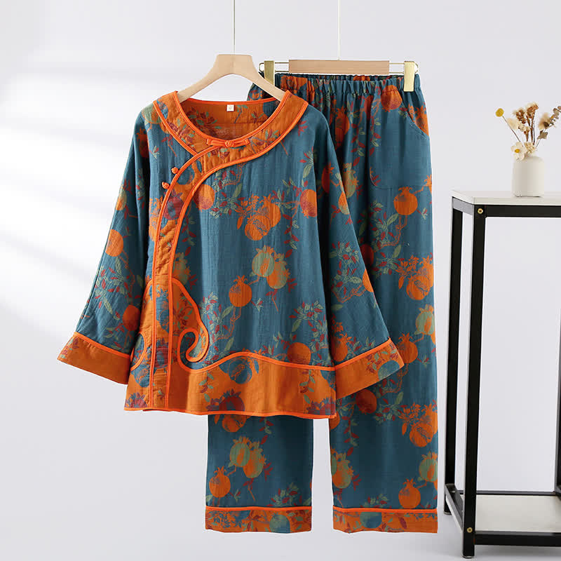 Completo da notte in garza di cotone jacquard color melograno - Blu scuro e arancione - XL - image 9