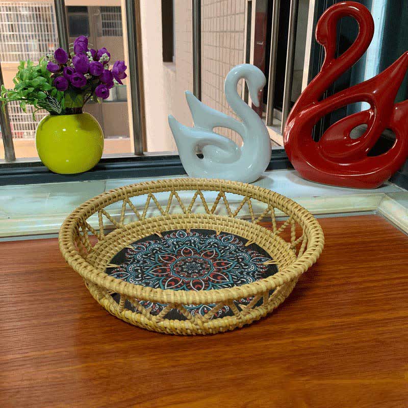 Cestino portafrutta in rattan Boho dipinto a mano e stampato