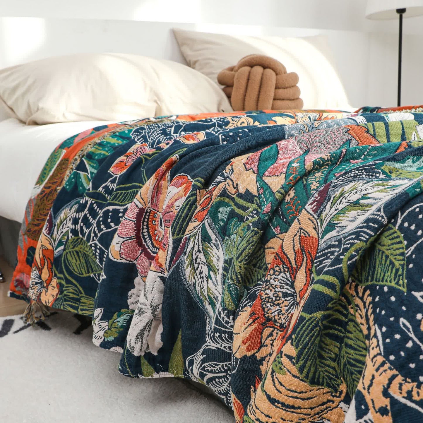 Coperta reversibile con nappe in garza di cotone stile foresta