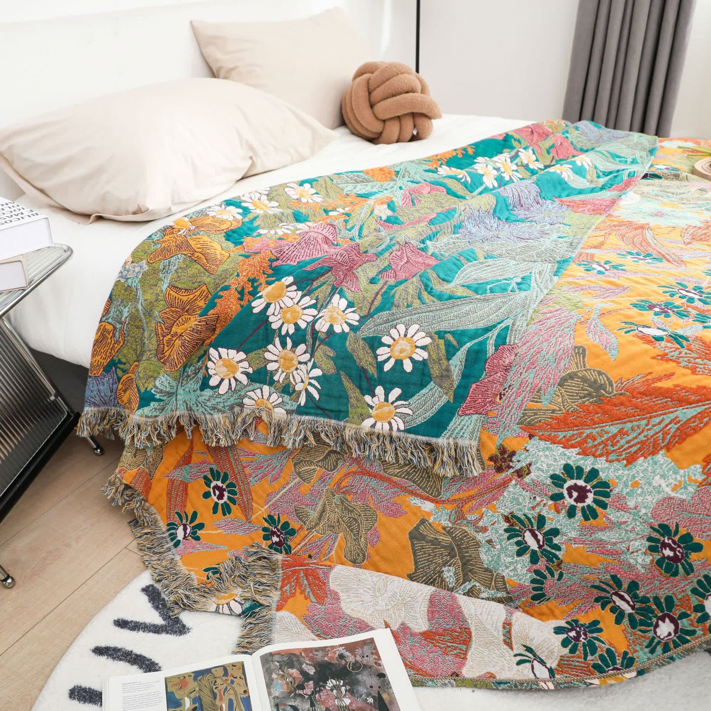 Coperta reversibile in garza di cotone con motivo a fiori da giardino