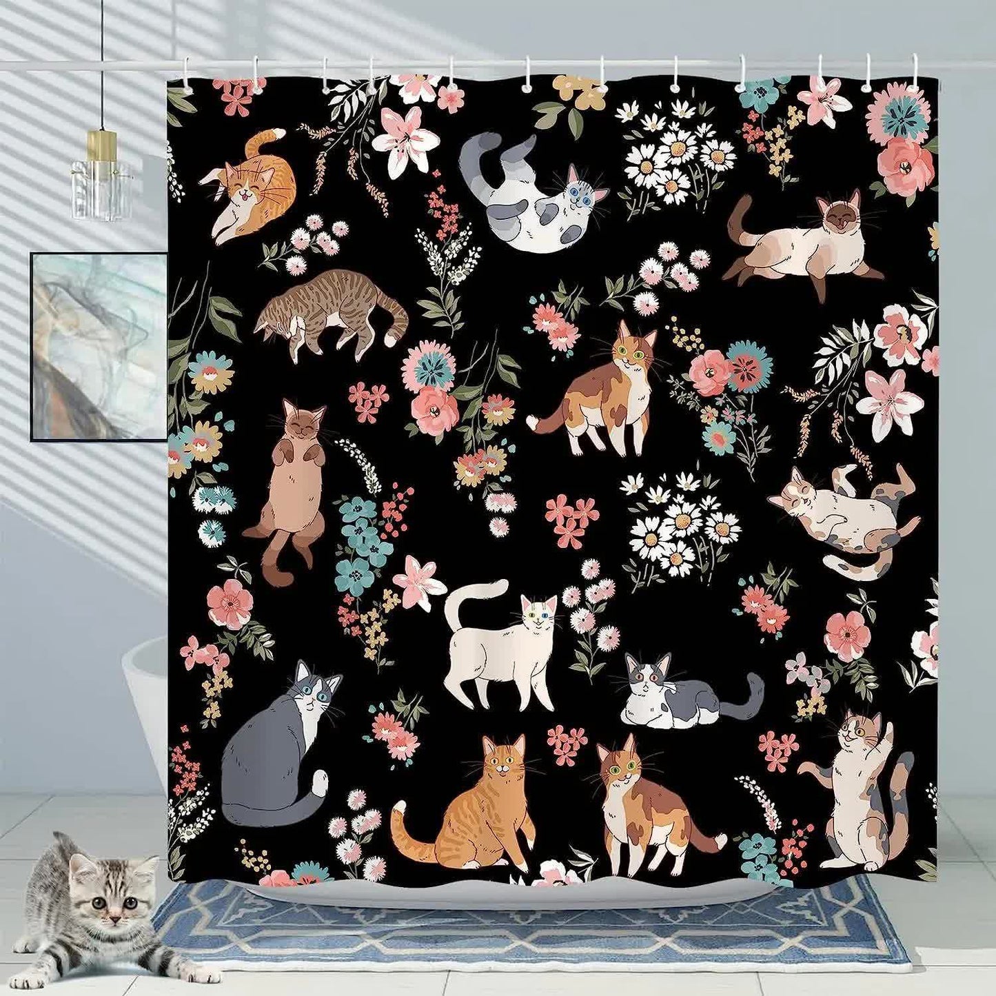 Tenda da doccia antimuffa con motivo floreale a gatto carino