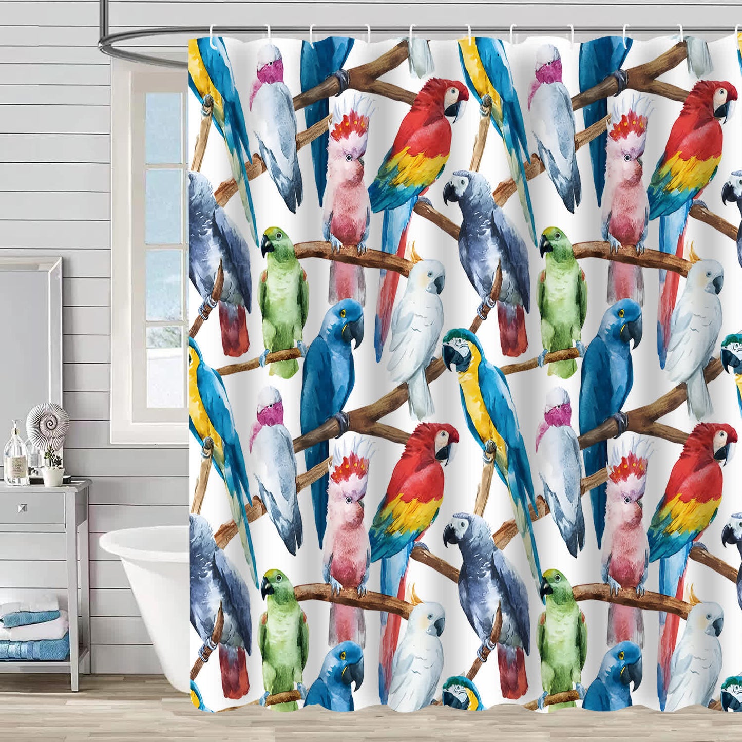 Tenda da doccia decorativa impermeabile con motivo floreale a uccelli