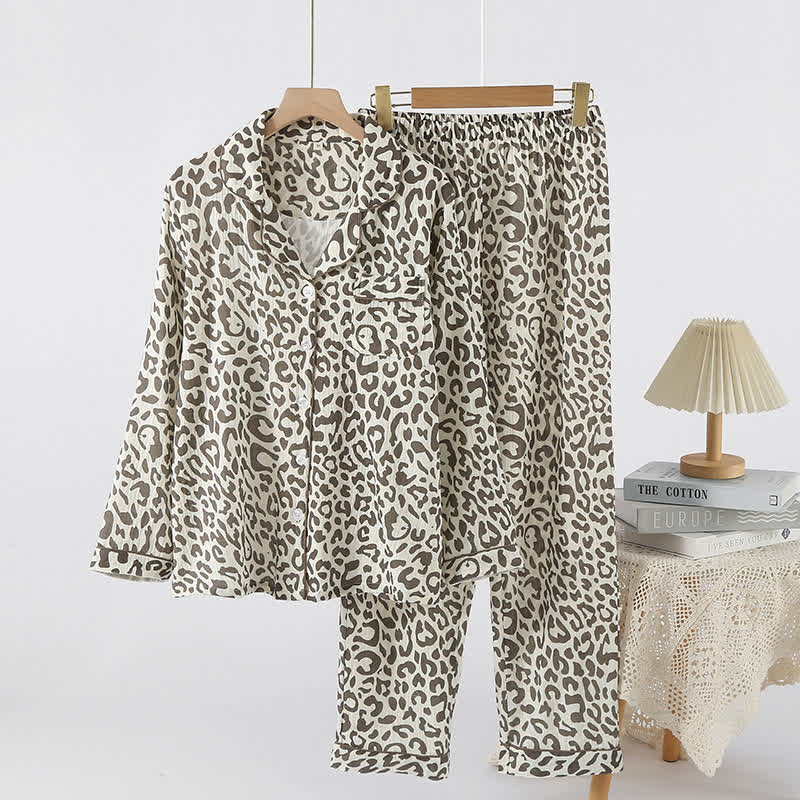 Completo da casa in garza di cotone con stampa leopardata - Grigio Marrone - XL - image 0
