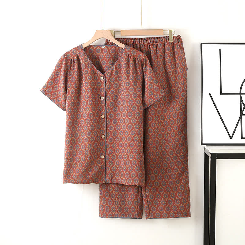 Pigiama in garza di cotone jacquard vintage con scollo a V