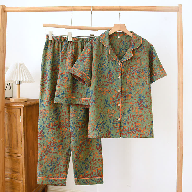 Completo da casa a maniche corte in cotone tinto in filo jacquard (3 pezzi)