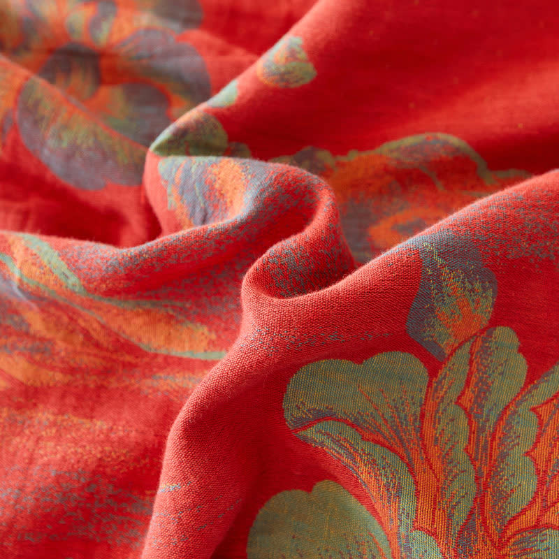 Copriletto reversibile in garza di cotone tinto in filo Jacquard Peonia