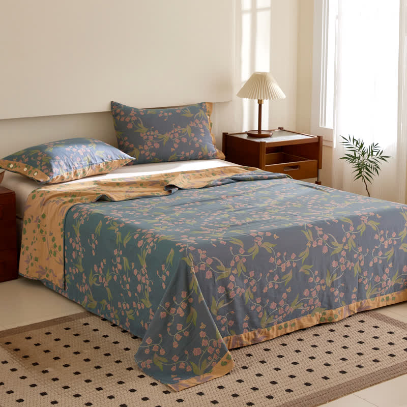 Copriletto reversibile in cotone Campanula a doppio strato tinto in filo jacquard
