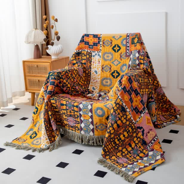 Trapunta reversibile in cotone patchwork Boho Art con nappe