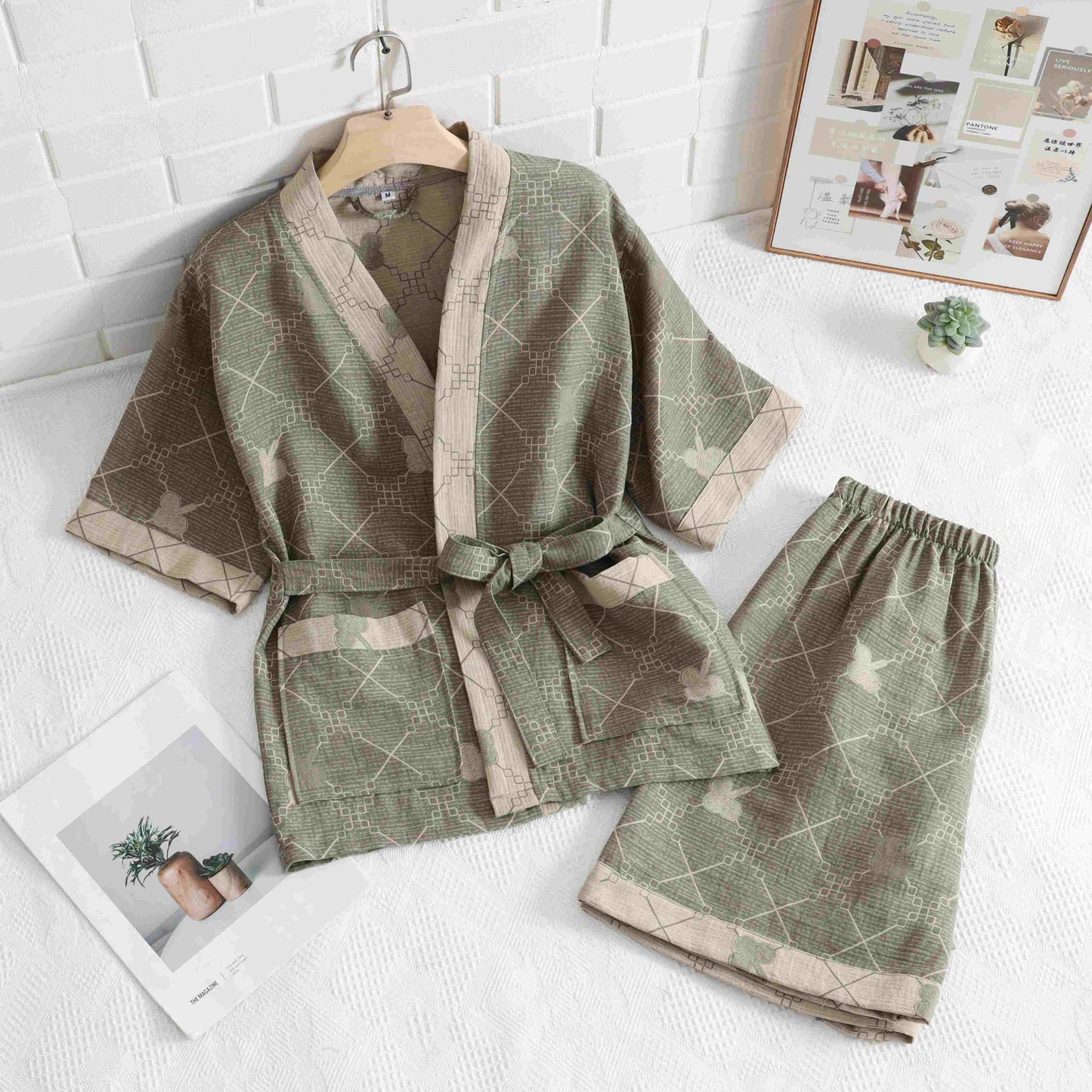 Kimono unisex in cotone con griglia verde da casa