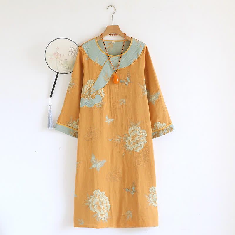 Camicia da notte ampia in garza di cotone con motivo peonia gialla - image 0