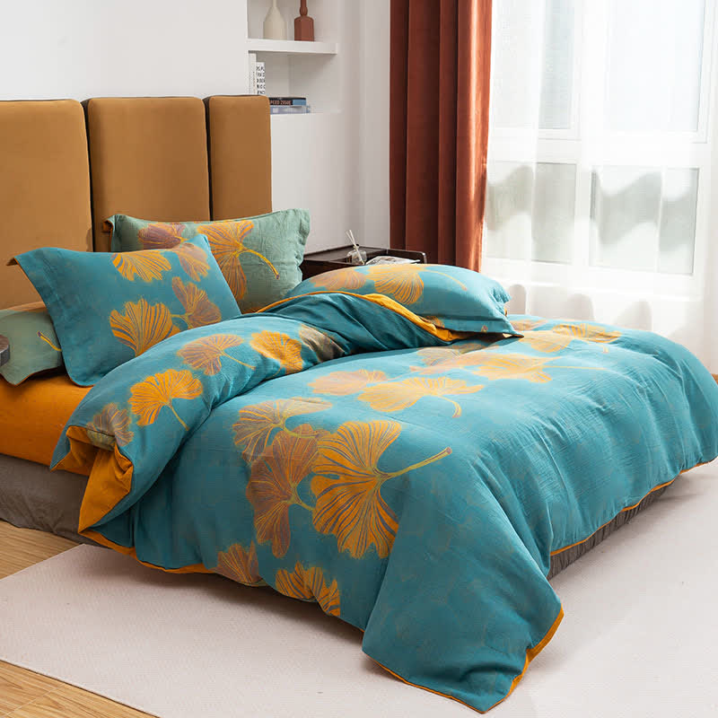 Set di biancheria da letto reversibile in cotone jacquard con motivo Ginkgo (4 pezzi) - Lago Blu e Arancione - Matrimoniale Grande - image 7