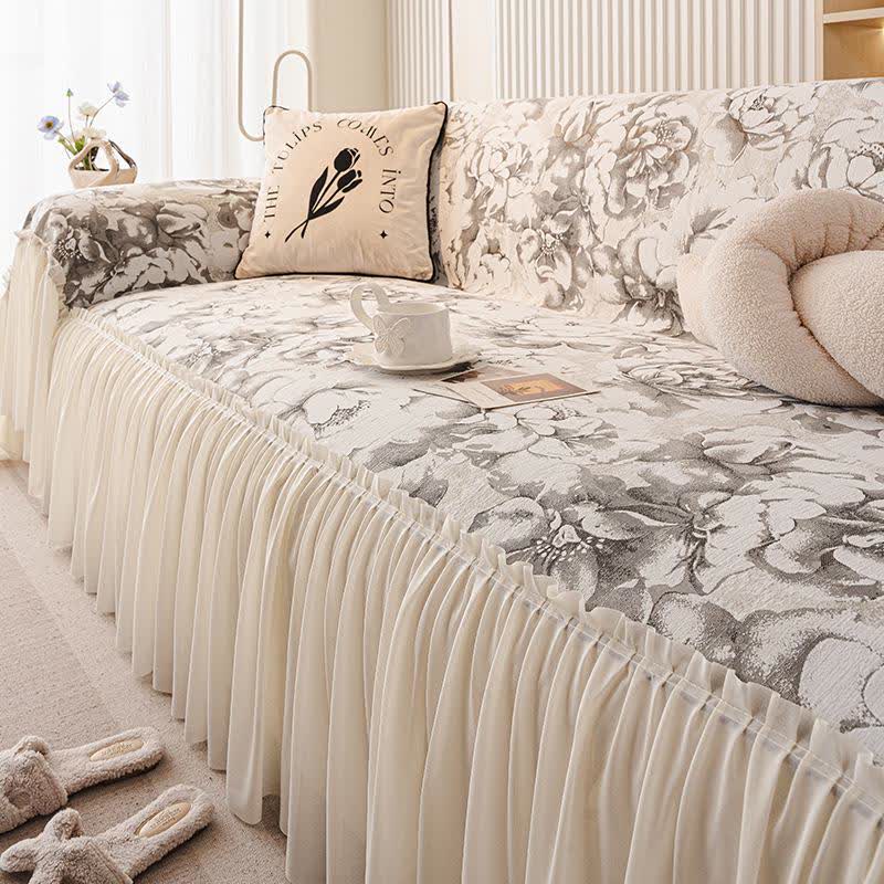 Copridivano in ciniglia con volant francese e motivo floreale - Grigio scuro - 180cm x 340cm - image 6