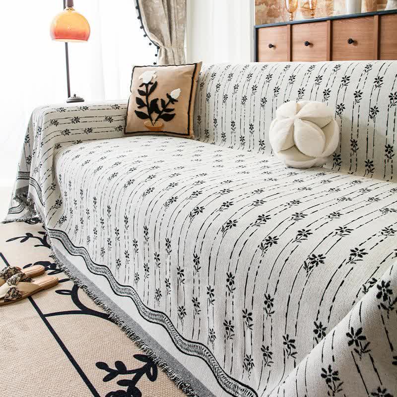 Coperta da divano in ciniglia a righe floreali - Nero - 180cm x 340cm - image 6