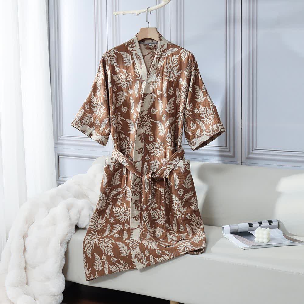 Abito Yukata Kimono in garza di cotone con foglie - Caffè - XL - image 10
