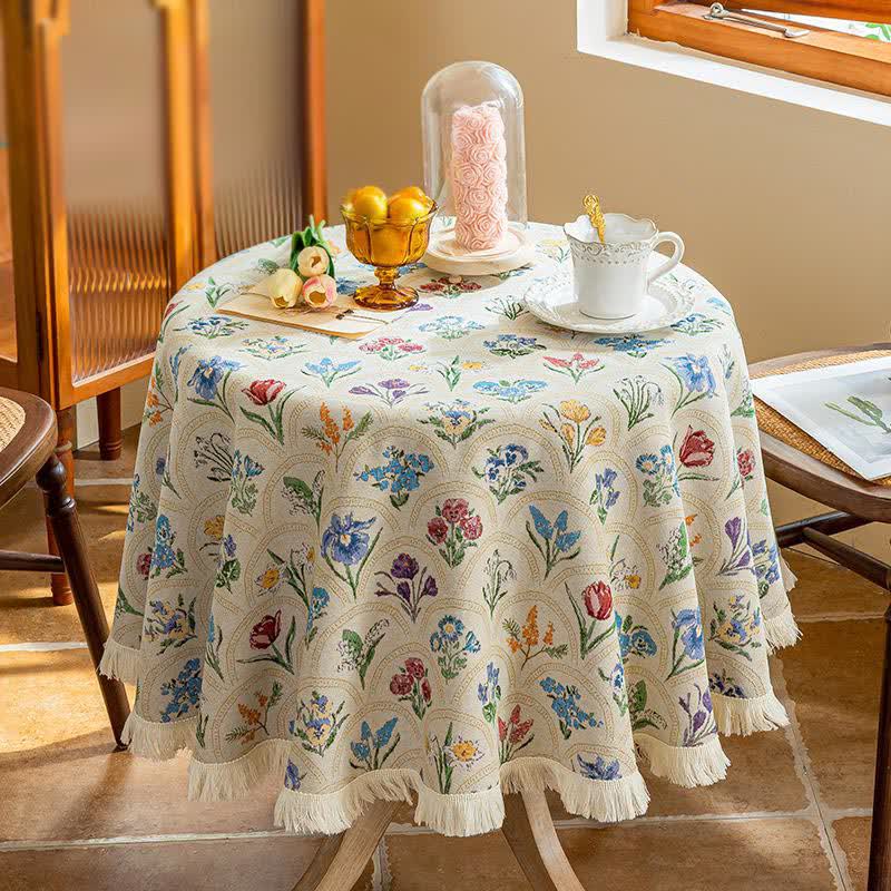 Tovaglia con nappa e bouquet in fiore vintage - Beige - Tondo 140cm - image 16