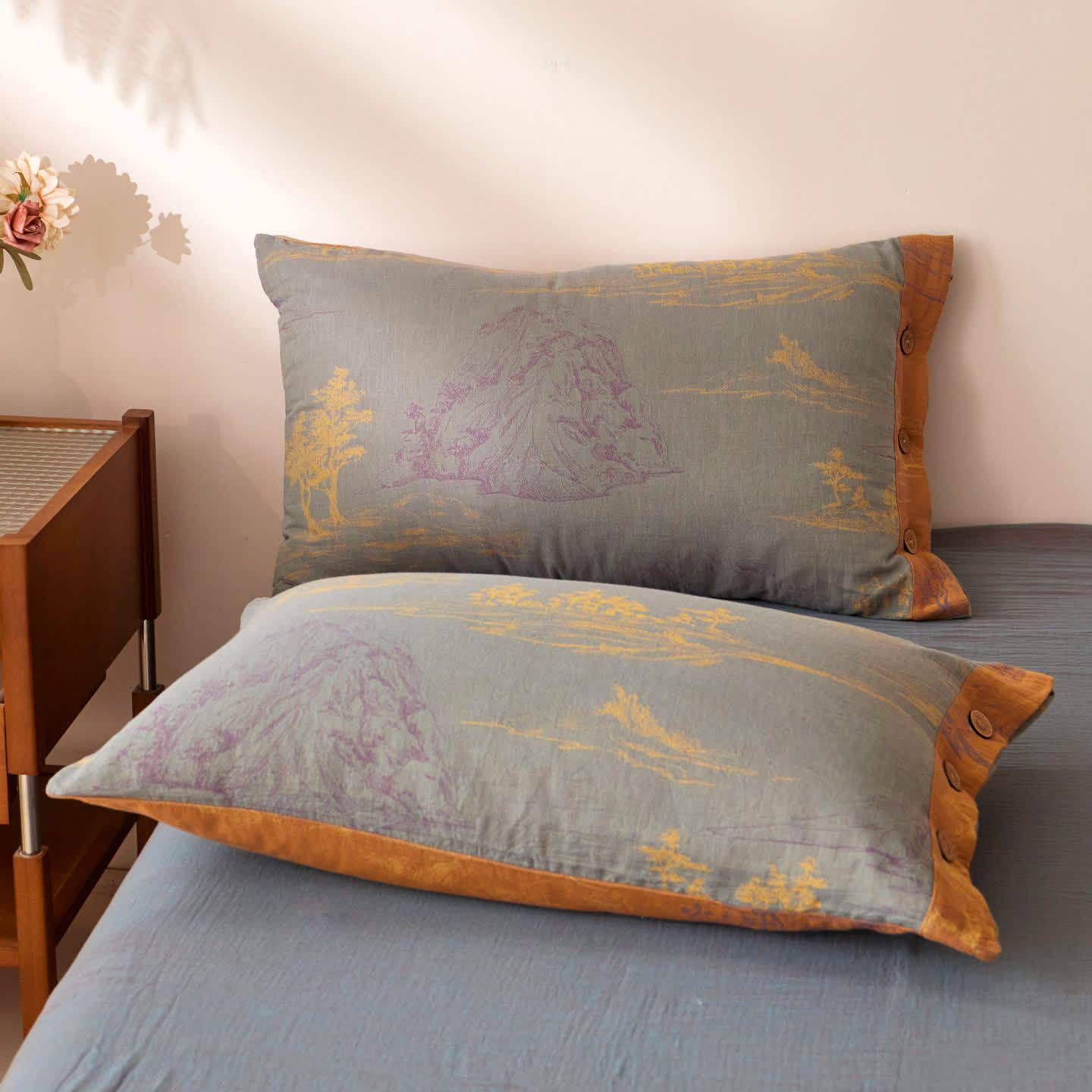 Copriletto in garza di cotone con motivo ad albero orientale - 2 federe - 48cm x 74cm - image 2