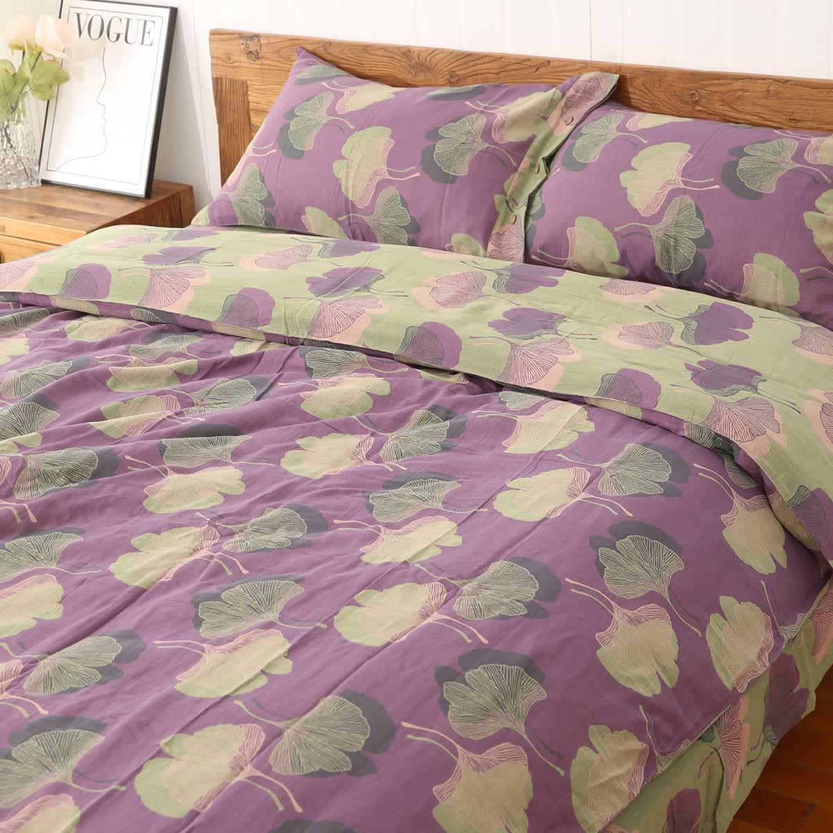 Set di biancheria da letto reversibile in cotone con foglie di ginkgo (4 pezzi) - Viola scuro - Set di biancheria da letto - Matrimoniale - image 7