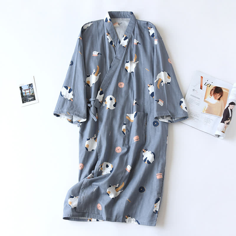 Accappatoio kimono in garza di cotone con gatto abbinato - Blu scuro - Uomini - L - image 14