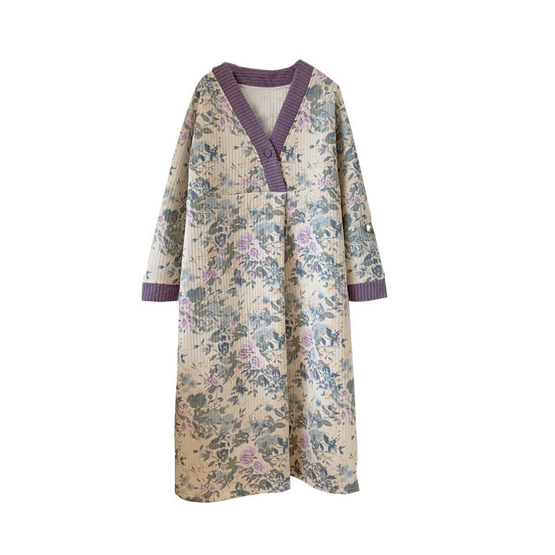 Camicia da notte rustica con scollo a V e stampa floreale - image 3