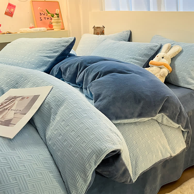 Set di biancheria da letto in peluche testurizzato a quadri Ownkoti (4 pezzi) - Blu - Matrimoniale Grande - image 10