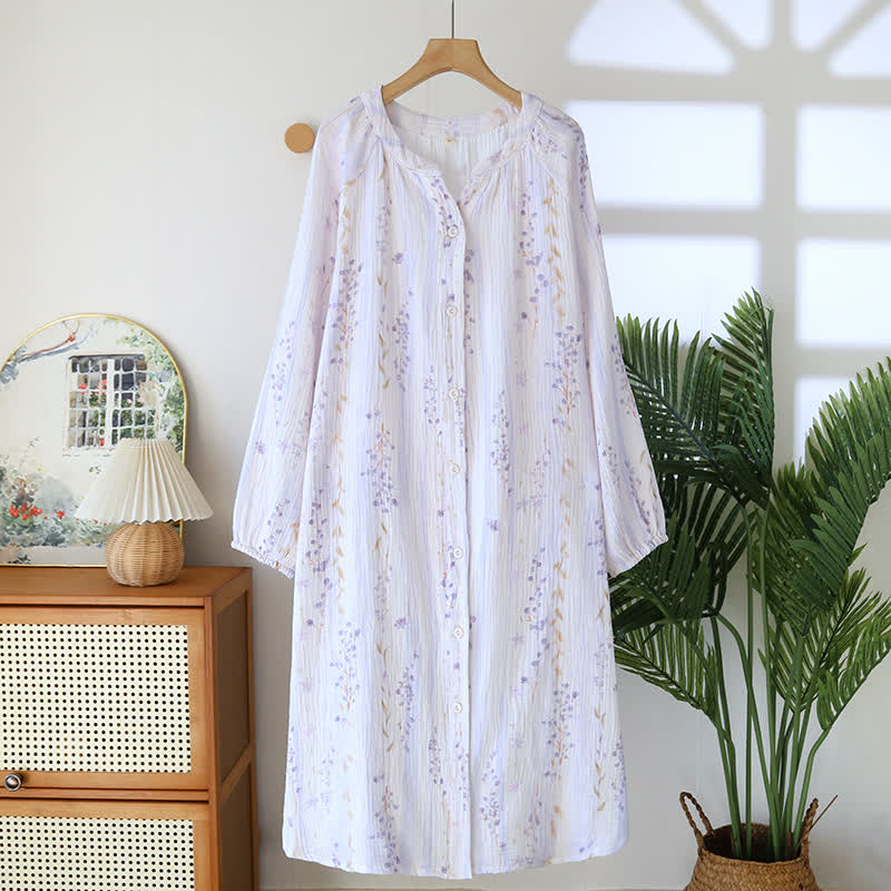 Camicia da notte con bottoni in garza di cotone floreale viola Ownkoti - XL - image 0