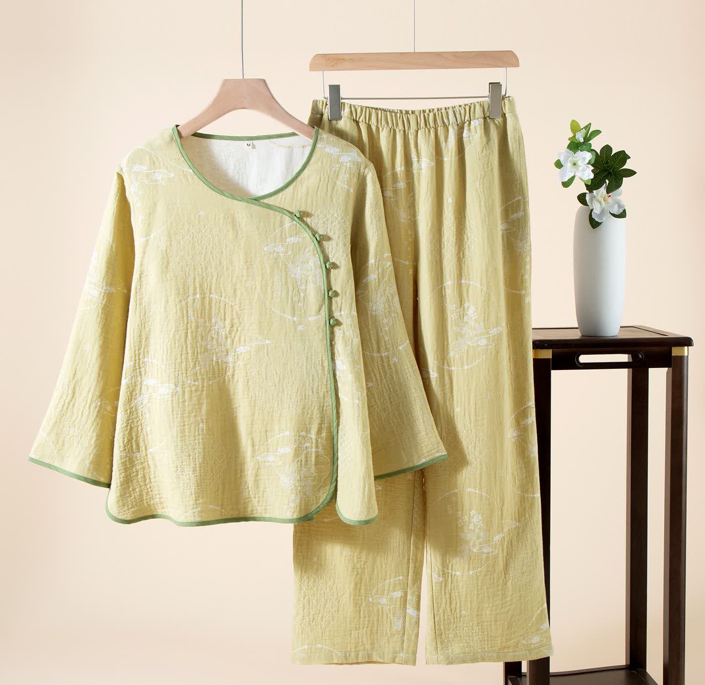 Abbigliamento da casa in garza di cotone jacquard retrò orientale Ownkoti - Verde - XL - image 6