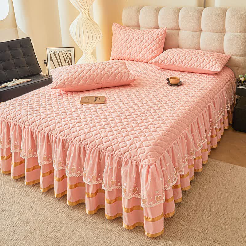 Lenzuolo con gonna trapuntata a forma di cuore Ownkoti - Rosa chiaro - Gonna letto con 2 federe - Matrimoniale Grande - image 15