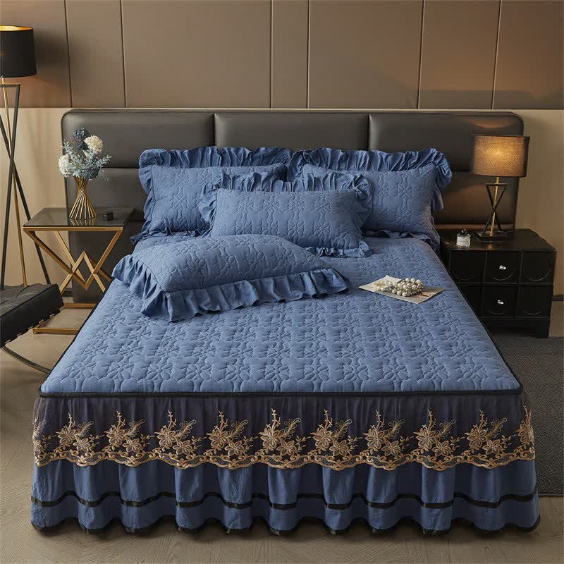 Lenzuolo trapuntato Ownkoti con gonna da letto staccabile - Blu reale - Gonna letto con 2 federe - Matrimoniale Grande - image 9