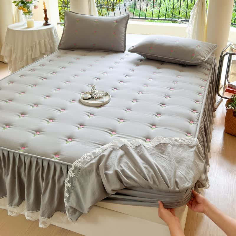 Gonna da letto ricamata con motivo tulipano Ownkoti - Grigio - 2 federe - 48cm x 74cm - image 9