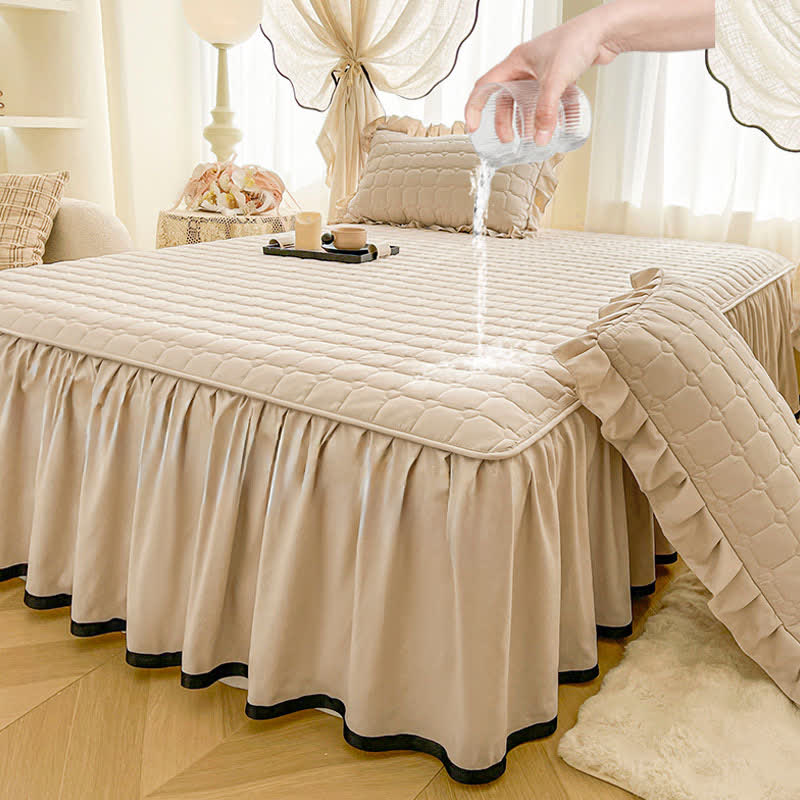 Lenzuolo con gonna trapuntata a quadri Ownkoti - Caffè leggero - Gonna letto con 2 federe - Matrimoniale Grande - image 11