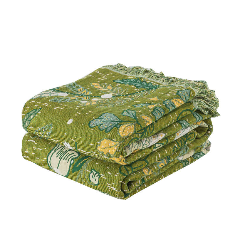 Coperta in cotone con nappe e motivo floreale a foglia verde Ownkoti - image 8