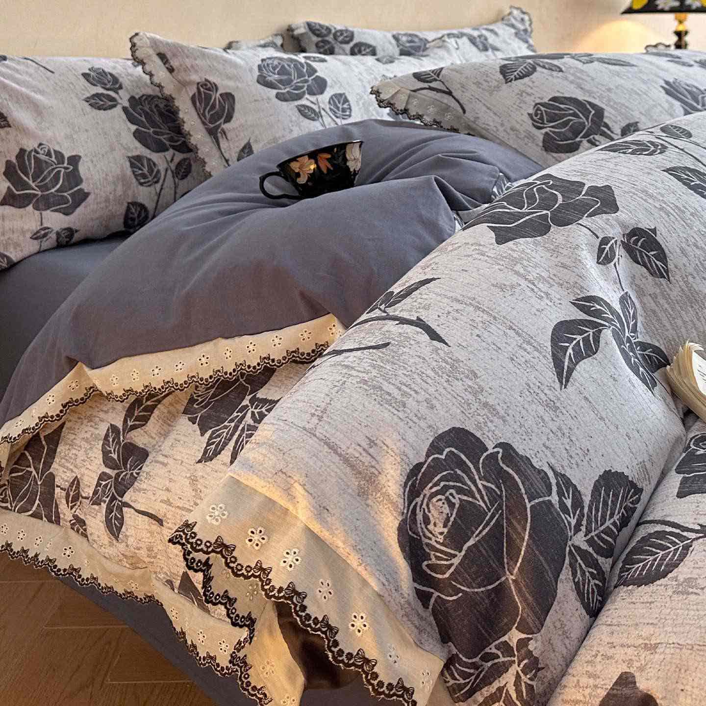 Set di biancheria da letto in pizzo rosa in cotone spazzolato Ownkoti - Grigio - Matrimoniale Grande - image 1