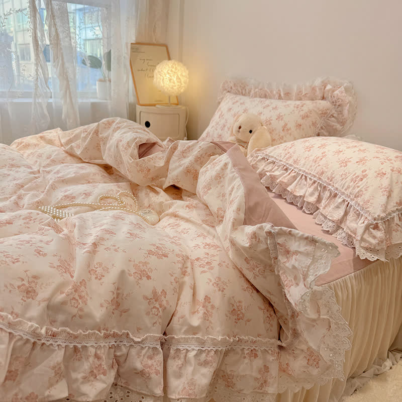 Set di biancheria da letto in pizzo di cotone con motivo floreale elegante Ownkoti - Rosa - Matrimoniale - image 2