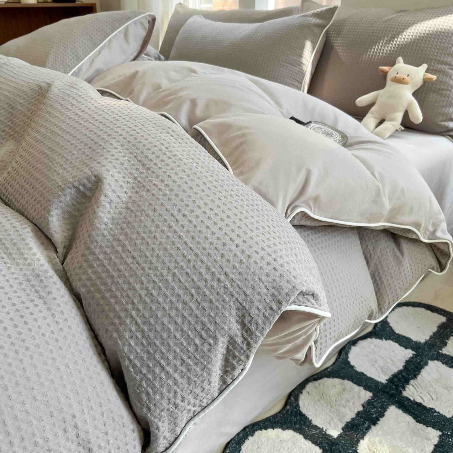 Set di biancheria da letto minimalista in cotone a nido d'ape - Grigio chiaro - Matrimoniale Grande - image 14