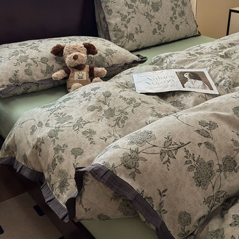 Set di biancheria da letto in cotone con volant floreali vintage - image 8