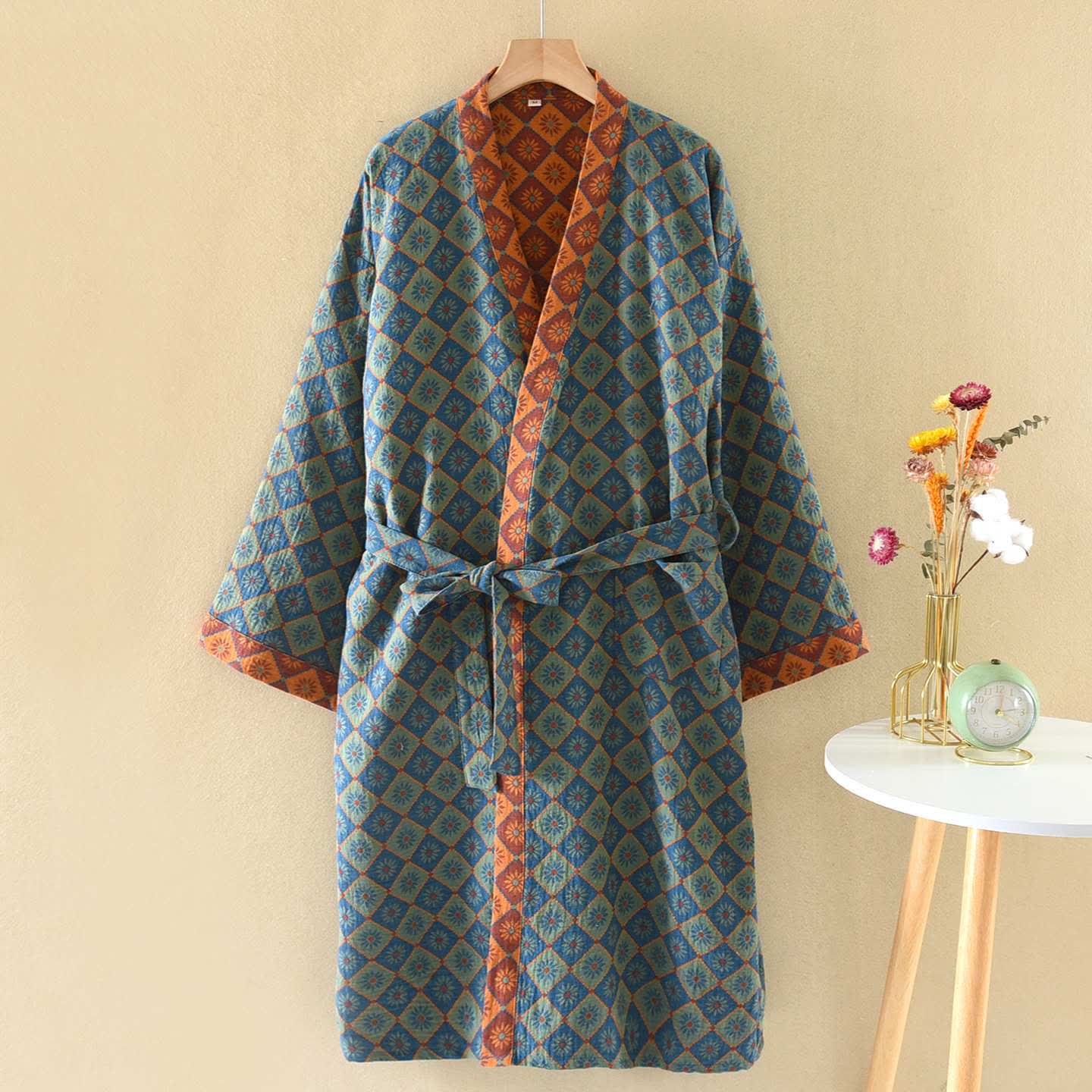 Kimono in cotone con motivo geometrico retrò a rombi - Blu - XL - image 0