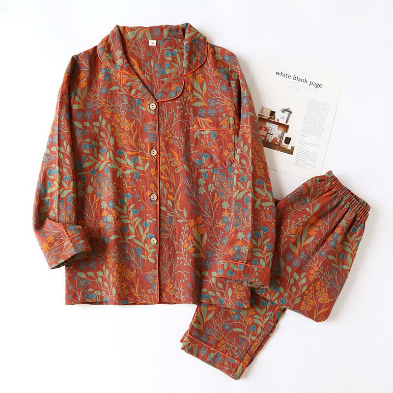 Completo da notte in cotone con revers a foglia vintage - Rosso e arancione - 2XL - image 14