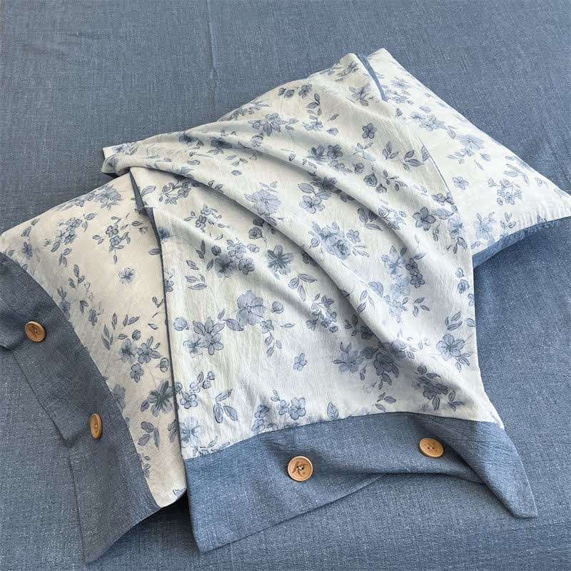 Set di biancheria da letto con bottoni in lino floreale blu (4 pezzi) - image 5